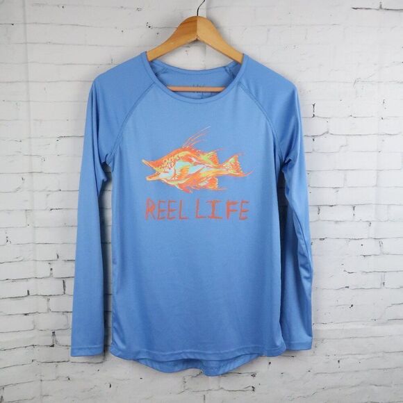REEL LIFE BLUE LONG SLEEVE ROUND NECK RASHGUARD UV PROTECTION SHIRT SIZE MEDIUM - Picture 1 of 5